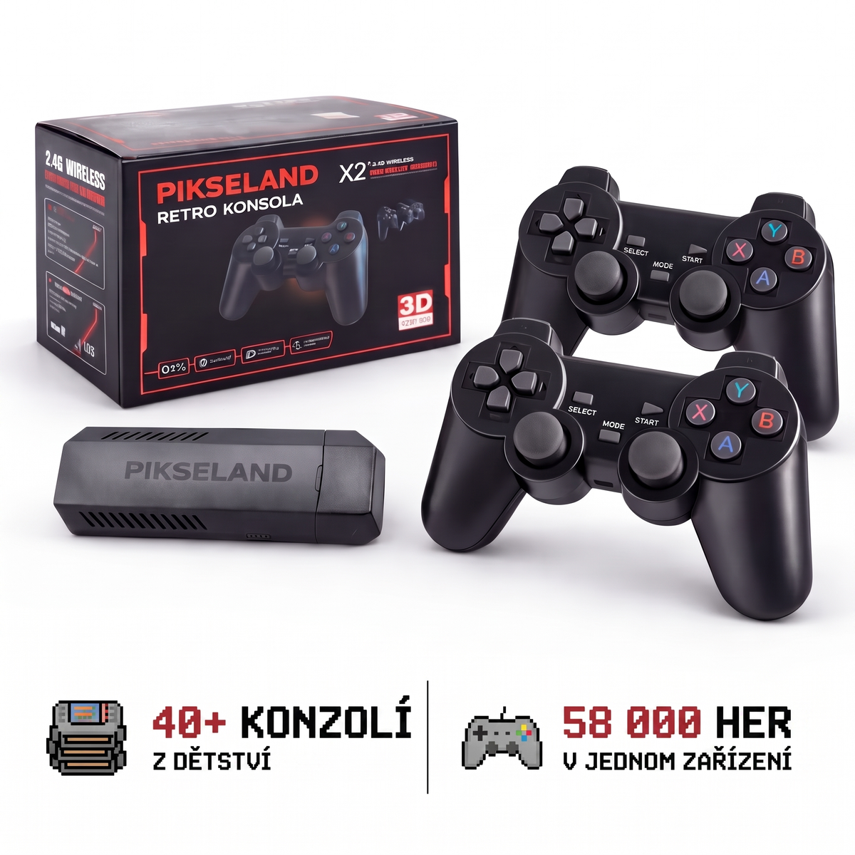 PIKSELAND™ - Konzola Retro Plug & Play + 2 Pady